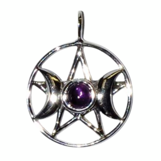 3/4" Triple Goddess Pentagram Amethyst sterling