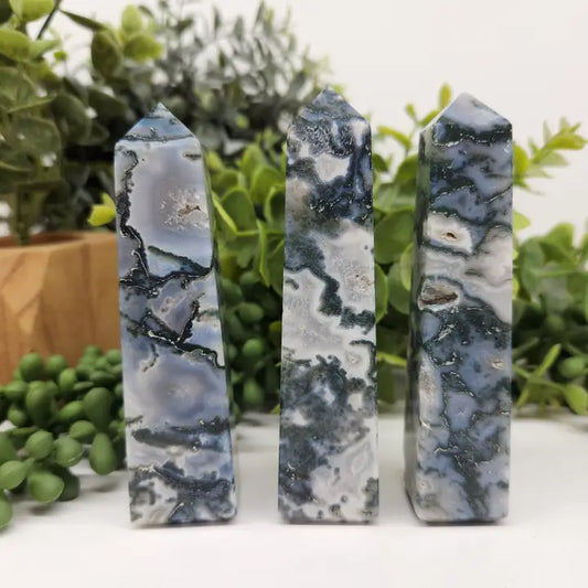 Moss Agate 4-Sided Tower (Approx. 3.5-3.75"/8.9-9.5cm)