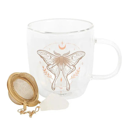 Luna Moth Double Walled Glass Tea Cup with Crystal Tea Infuser