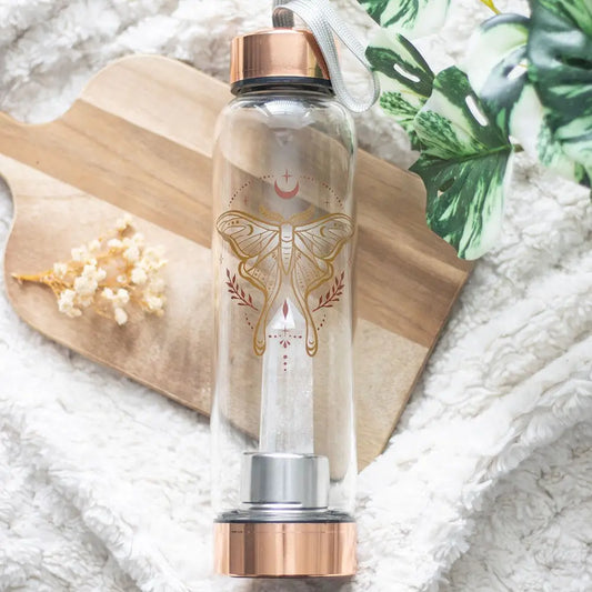 Luna Moth Glass Water Bottle with Clear Quartz Crystal