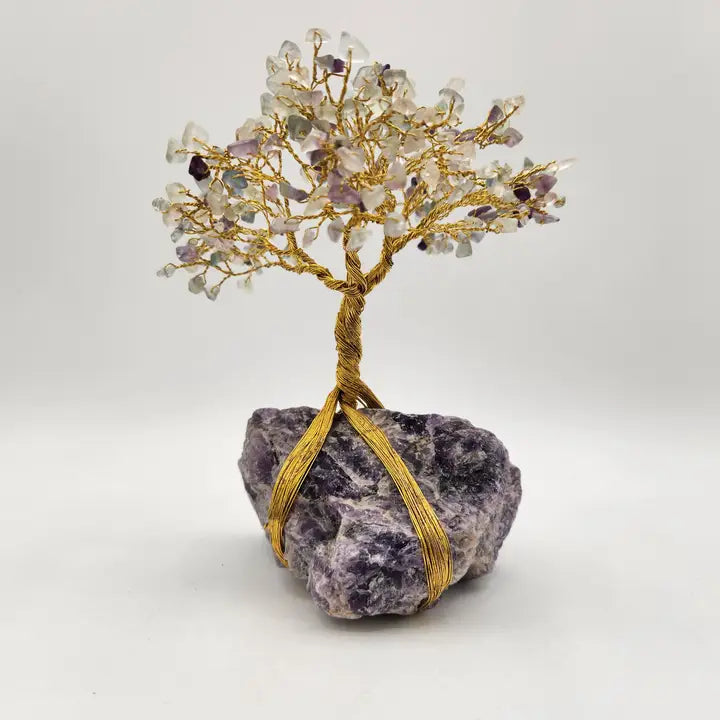 Gemstone Tree-Rainbow Fluorite W/Chevron Amethyst Base Gold