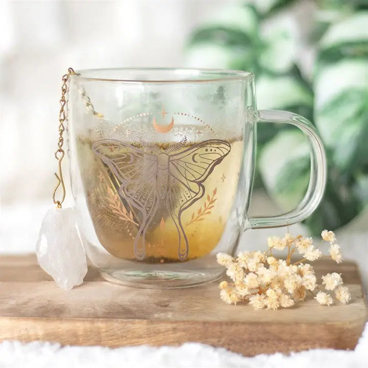 Luna Moth Double Walled Glass Tea Cup with Crystal Tea Infuser