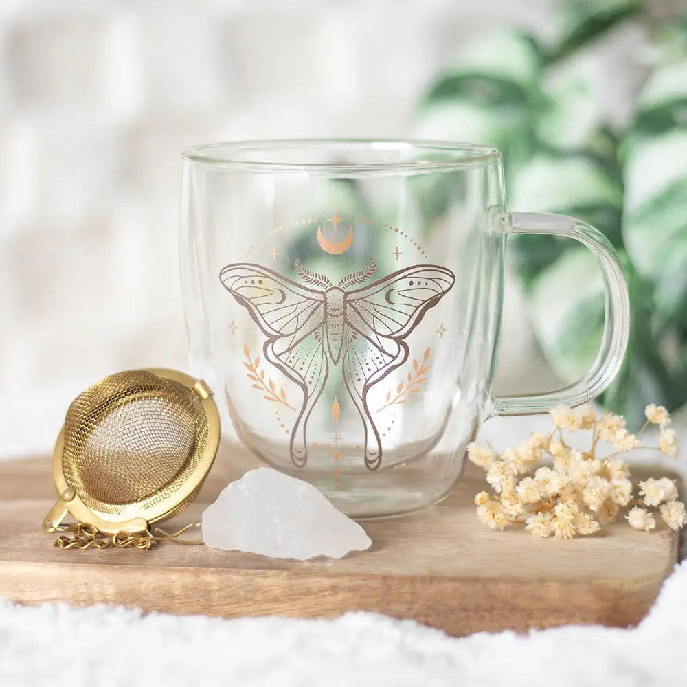 Luna Moth Double Walled Glass Tea Cup with Crystal Tea Infuser