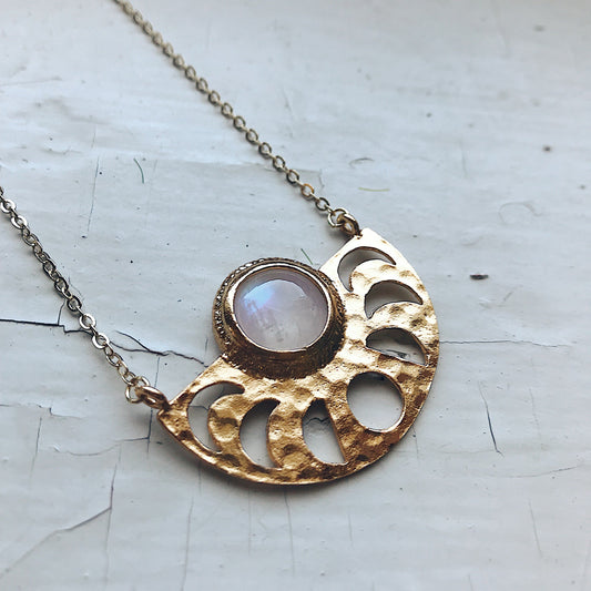 Moon Goddess Necklace - Moon Phases Rainbow Moonstone Pendant