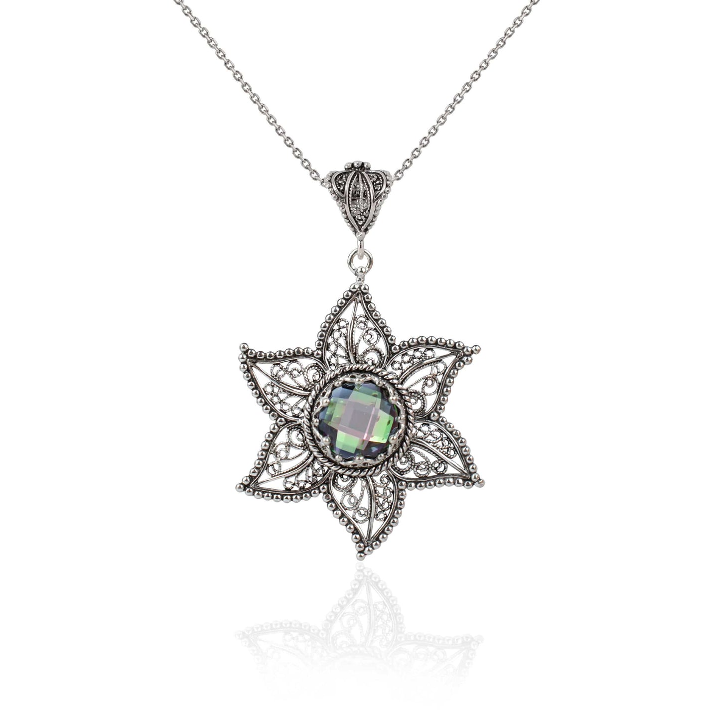 Filigree Art Rainbow Quartz Gemstone Star Design Women Silver Pendant