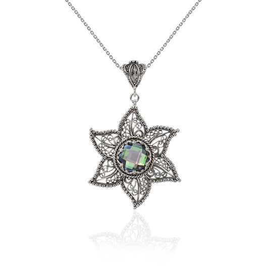 Filigree Art Rainbow Quartz Gemstone Star Design Women Silver Pendant