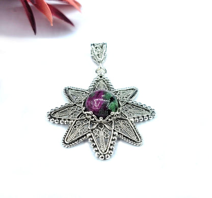 Filigree Art Ruby Zoisite Gemstone Sunflower Design Women Silver