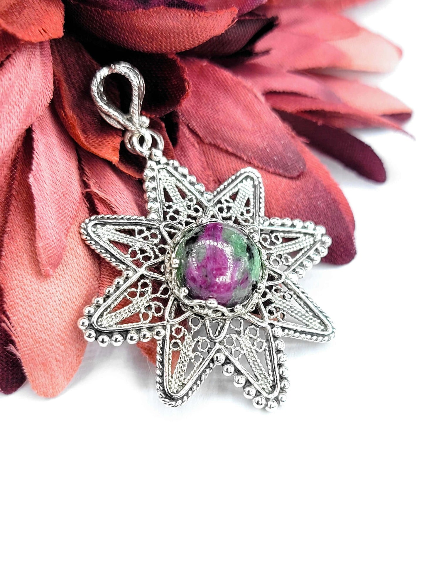 Filigree Art Ruby Zoisite Gemstone Sunflower Design Women Silver