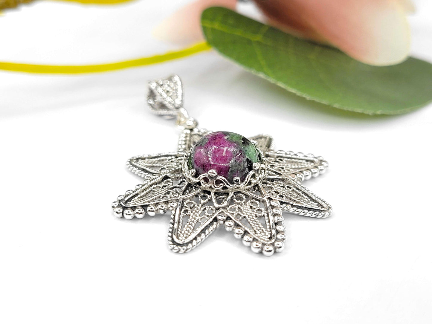 Filigree Art Ruby Zoisite Gemstone Sunflower Design Women Silver