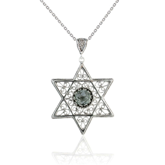 Filigree Art Prasiolite Gemstone Star of David Women Silver Pendant