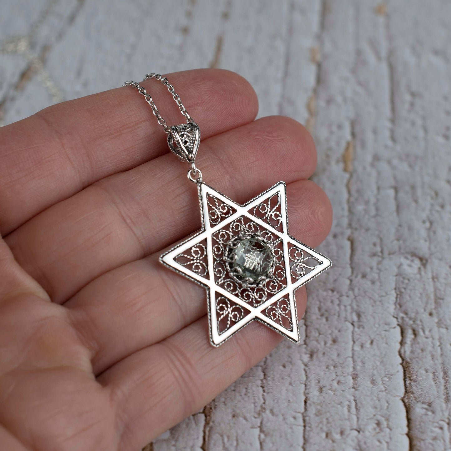 Filigree Art Prasiolite Gemstone Star of David Women Silver Pendant