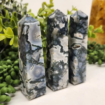 Moss Agate 4-Sided Tower (Approx. 3.5-3.75 inches/8.9-9.5cm)