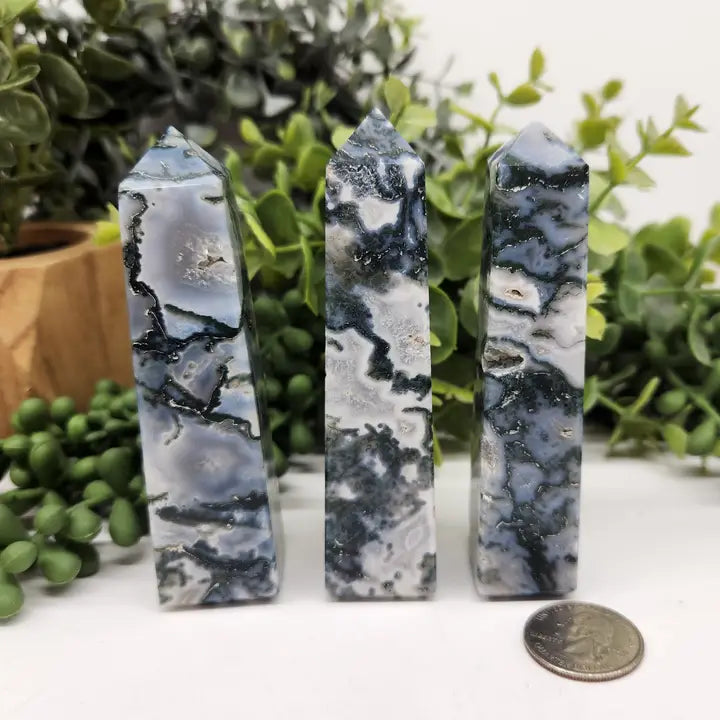 Moss Agate 4-Sided Tower (Approx. 3.5-3.75 inches/8.9-9.5cm)