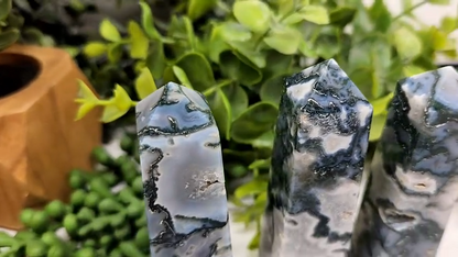 Moss Agate 4-Sided Tower (Approx. 3.5-3.75"/8.9-9.5cm)