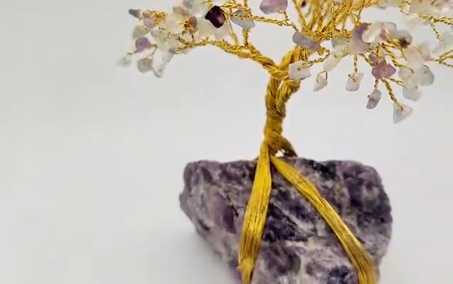 Gemstone Tree-Rainbow Fluorite W/Chevron Amethyst Base Gold